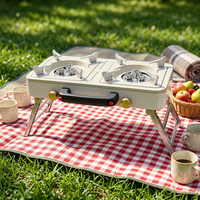 Réchaud à gaz de camping extérieur à double brûleur, cuisinière portable avec pieds pliables, barbecue pour pique-nique, randonnée, et événements en plein air