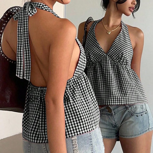 เสื้อครอปท็อปผู้หญิงสีแดงลายตารางแบบผูกคอ พิมพ์ลายตามสั่ง ไซส์<span class=keywords><strong>พลัส</strong></span> เปิดหลังผูกโบว์ ทรงเปปลัม สำหรับฤดูร้อน - Product Image 4