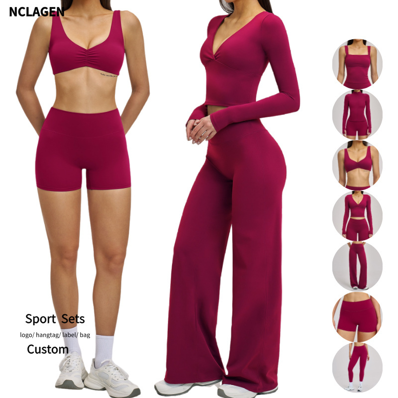 NCLAGEN Women's 7pcs Gym Outfit Set Brushed Nylon Workout Suit Breathable Quick Dry Outdoor Running Fitness Activewear Set