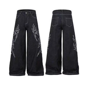 Jeans personnalisés High Street en denim brut avec logo brodé, coupe ample, en coton de qualité supérieure, délavage général, pour homme, noirs - Product Image 1