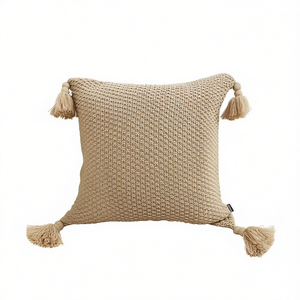 DB Wool Pillow Cover 50Cm Square Knitted Tassel Accents Transitional Decorative <b>Throw</b> Pillow Light <b>Brown</b> - Product Image 1