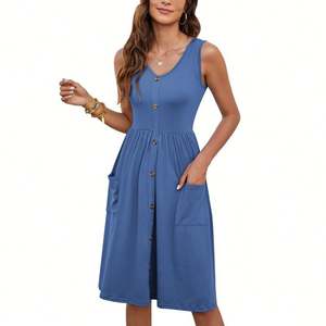 Vestidos de verano para mujer Vestido MIDI sin mangas informal con botones sueltos y bolsillos - Product Image 4