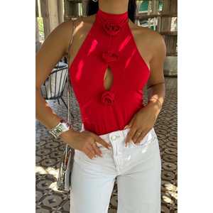 Combinaison décontractée grande taille en tricot avec détails roses rouges et liens, style doux, longueur genou, pour hiver, été, printemps, automne - Product Image 4