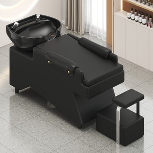 Full <b>Recline</b> Shampoo Bed Classic Upholstered with Footrest Ceramic Basin Hair Wash Bed Barber Salon Furniture - Product Image 1
