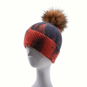 Custom Embroidery Knitted Winter Acrylic <b>Tie</b> Dye Women Knitted Hats Beanie Hat With Pom Pom - Product Image 6