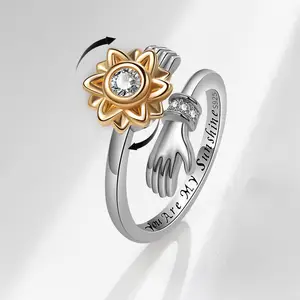 Spinner CZ Zircon Diamond Fidget Ring Jewelry 925 silver Personalized Adjustable Rotatable Sunflower women Anti Anxiety Ring