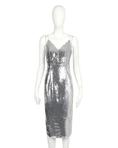 Vestido de fiesta de noche para mujer, moda 2021, plateado, lentejuelas de un lado, cuello en V, eslinga, cremallera