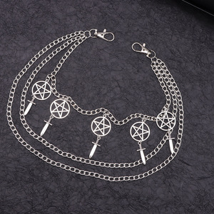 Cadena de cintura de aleación de zinc con diseño de espada de estrella de cinco puntas de metal, cadena de pantalón multicapa para uso diario, cadena corporal unisex de moda. - Product Image 4