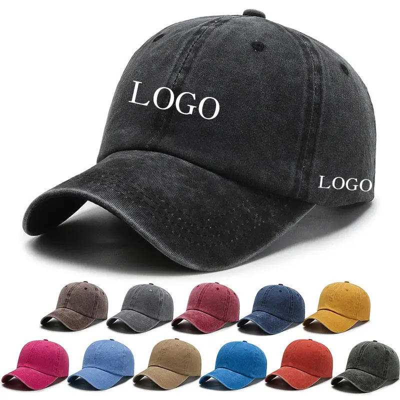 Высококачественные персонализированные джинсовые шляпы с логотипом, вымытые потрепанные 100% хлопчатобумажные кепки с вышивкой 6 панелями, ковбойская бейсболка