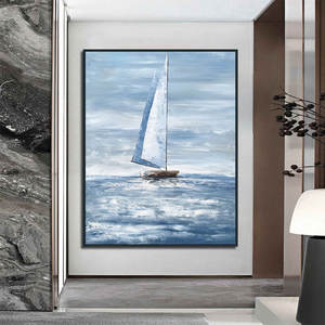 現代の手作り抽象帆船海景画キャンバスアート波の風景手描き油絵高品質木製フレーム壁掛けアート - Product Image 1