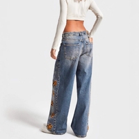 J327 Celana Jeans Denim Bordir Longgar Berpinggang Tinggi Trendy untuk Wanita Fashion Ukuran Besar Celana Denim Panjang Kasual Celana Wanita.