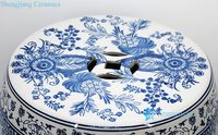 RZPZ30-G Bangku Drum Porselen Biru dan Putih, Motif Bunga & Daun, Kursi Taman Antik Cina