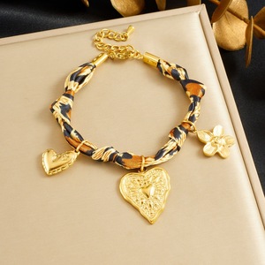 Fashionable Retro Printed Leopard Ribbon Knotted Rope Chain Gold Plated Heart <b>Flower</b> Pendant Stainless Steel <b>Bracelet</b> - Product Image 1