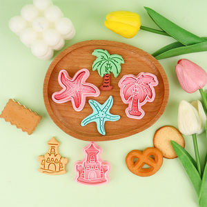Moule à biscuits en plastique série Plage, motifs 3D dessin animé (noix de coco, étoile de mer, château de <span class=keywords><strong>sable</strong></span>), écologique, pour pâte à modeler DIY et fêtes - Product Image 1