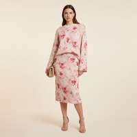 Ensemble jupe mi-longue et pull en laine mérinos mélangée à motif floral jacquard, coupe décontractée, col rond, pour femme