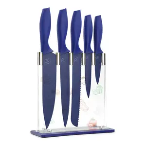 Couteau Messer coltelli da cucina personalizzati Set di coltelli da Chef con lama martellata in acciaio inossidabile rivestito in ceramica metallizzata antiaderente blu