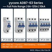 Yycore 4P MCB 220V 10kA ADB7-63 Courbe C 6A-125A Industriel IEC60898-1 CE CB CCC PA66 Ignifuge IP20 Protection 50/60Hz