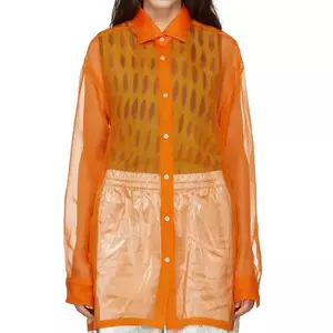 批发定制长袖前扣扣半透明橙色呼吸真丝欧根纱衬衫女