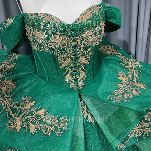 Robe de bal vert Lsmu182 longue jusqu'au sol, style Quinceañera, avec traîne chapelle, en satin moderne et dentelle imprimée, pour adolescentes Jancember - Product Image 4