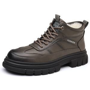 Bottes d'hiver pour hommes en cuir fendu, doublure chaude en fourrure, semelle extérieure en caoutchouc, antidérapantes, bout rond, semelle intermédiaire en EVA - Product Image 5