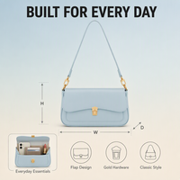 Tas Selempang PU Warna Biru Muda Solid dengan Tutup Lipat, Kancing Tekan, Aksesoris Emas, Sudut Bulat, Tas Tangan Terstruktur, Fashion Musim Dingin Gugur