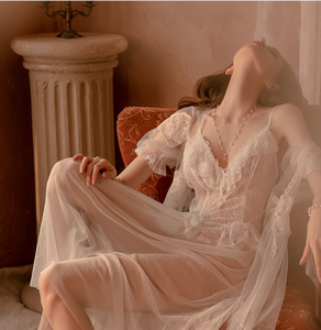 Camicia da notte rossa dolce principessa a rete in pizzo floreale trasparente con scollo a v aperto vestaglia lungo lungo lungo lungo lungo - Product Image 1