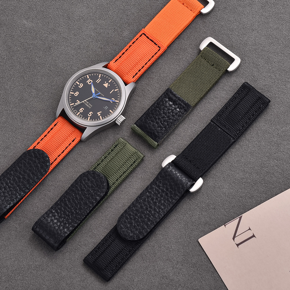 Premium Quality Hook and Loop Adhesive Watch Band Leather Nylon Watch Strap 20mm Watch Accessories Replacement Watchbands