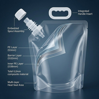 Pochette souple transparente robuste en PE de 0,2 mm avec bec verseur, poignée supérieure en plastique et bouchon à vis pour recharge de jus liquide