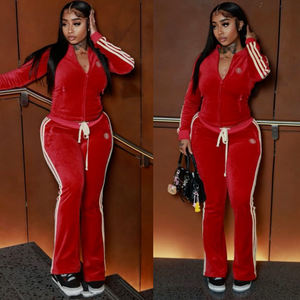 ชุดวอร์มกำมะหยี่ผู้หญิง ชุดเซ็ตเสื้อแจ็คเก็ตกำมะหยี่มีซิปพร้อมกางเกงขาบาน 2 ชิ้น รับสกรีนโลโก้ - Product Image 5