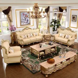 Ensemble de canapés de salon de luxe européen doré 123 couches de cuir de vachette massif sculpté version luxe nouveau