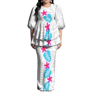 2025新到Puletasi褶边连衣裙定制萨摩亚印花粉扑袖长裙波利尼西亚背缝女士连衣裙两件套 - Product Image 4