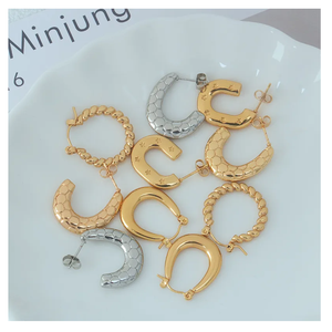 ต่างหูหมุดรูปตัว C แนววินเทจสุดอินเทรนด์ทำจากสเตนเลสสตีลที่มีลวดลายเรขาคณิตไม่ทำให้เสื่อมเสียด้วยไข่มุกแฟชั่นหลักสำหรับเป็นของขวัญ - Product Image 3