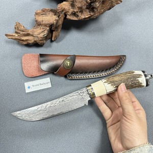 Drop Point Full Tang Couteau de survie à lame fixe Lame martelé<span class=keywords><strong>e</strong></span> Traitement du jeu Power Grip Véritable couteau de chasse à l'échelle Antler - Product Image 1