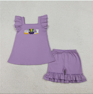 Conjunto de Ropa para Niñas GSSO2828, Bonito Conjunto de Top Morado con Bordado de Máscara de Pastel y Pantalones Cortos con Volantes, Ropa para Mardi Gras - Product Image 4