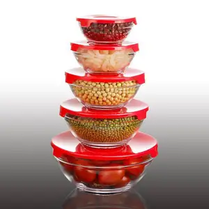 Atacado 5pcs Vidro Misturando Fresh Bowl Set Round Glass Fruit Salad Recipientes De Alimento Servindo Tigela Com Tampa De Plástico