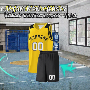 Conjunto de Uniforme de Baloncesto Personalizado Amarillo y Negro, Cuello en V, Sin Mangas, Malla Transpirable, Impresión por Transferencia de Calor, Nombre del Equipo, Número 00, Adulto Unisex - Product Image 2