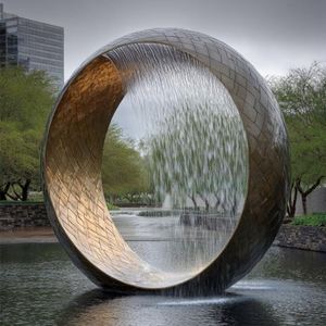 Fontaine de jardin extérieure moderne en acier inoxydable de grande taille, sculpture aquatique circulaire, sculpture paysagère aquatique. - Product Image 2