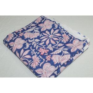 Blue & Pink Flower Hand Block Print Cotton Fabric 110 GSM for Curtains <b>Diapers</b> Home Textiles Bags Accessories for Best Price - Product Image 3