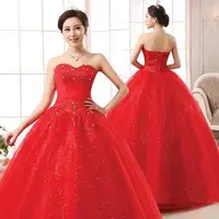 חתונה שמלת חדש גדול אדום אופנה מתוק חתונת שמלת כלה באורך רצפת תחרה יהלומי שמלת כלה