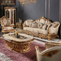Ensemble de canapés en bois massif de style antique européen, sculpté à la main, avec tissu, pour grand appartement, villa, salon doré, meubles de Turquie