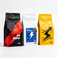 Sac à café personnalisé avec logo imprimé, noir mat, à fond plat, à 8 soudures latérales, doublé de feuille d'aluminium, avec valve de dégazage