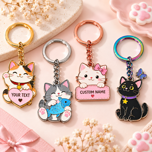 Porte-clés personnalisés mignons en forme de chat, avec nom gravé, en alliage de zinc, style dessin animé, cadeau souvenir - Product Image 1