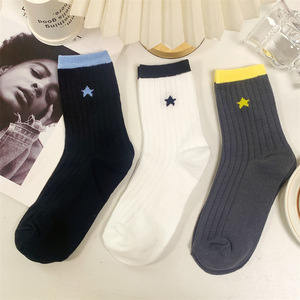 Crew <b>Socks</b> Women Cotton Mid Calf Solid Color Star Embroidered Breathable Casual <b>Socks</b> For Youth 18 40 Years Old - Product Image 1