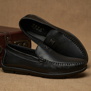 Mocassins blancs pour hommes, bout rond, en cuir véritable, à enfiler, semelle souple en caoutchouc, toutes saisons, chaussures décontractées de conduite - Product Image 2