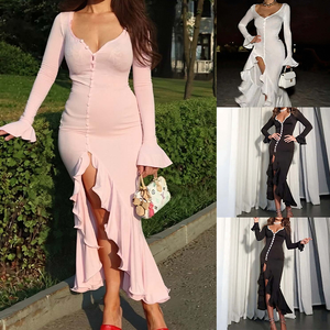 Abito lungo <span class=keywords><strong>da</strong></span> donna aderente con spacco <span class=keywords><strong>e</strong></span> orlo a balze irregolare, sexy, monopetto, scollo a V profondo, casual. MOQ 1 - Product Image 2