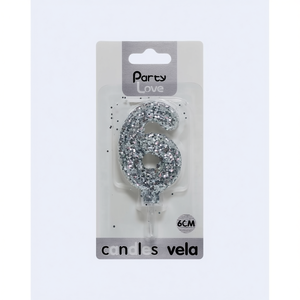 Vela de Cumpleaños con Número 6, Plateada con Purpurina, 6 cm, para Fiestas - Product Image 2