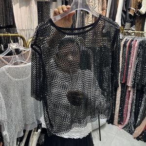 LM <span class=keywords><strong>R907</strong></span> Haut court en résille à strass pour femme, col rond, transparent, brillant, chemisier en maille ajourée, idéal pour club ou plage - Product Image 3