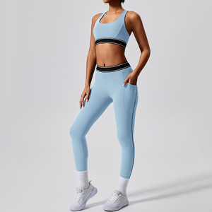 Femmes haut soutien taille <span class=keywords><strong>bande</strong></span> Fitness Leggings soutien-gorge ensemble doux Compression sans couture grande taille poche faite Spandex adultes - Product Image 3