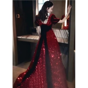 <b>Red</b> <b>Sequined</b> V-Neck Bridal Gown Natural Waistline For Wedding Toasts Stage Performances And Coming Of Age Ceremony - Product Image 4