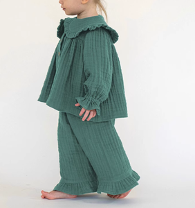 Completi in cotone per bambina primavera autunno, tinta unita, 2 pezzi, con volant, graziosi set di abbigliamento per bambine, pantaloni a zampa con colletto a volant. - Product Image 2